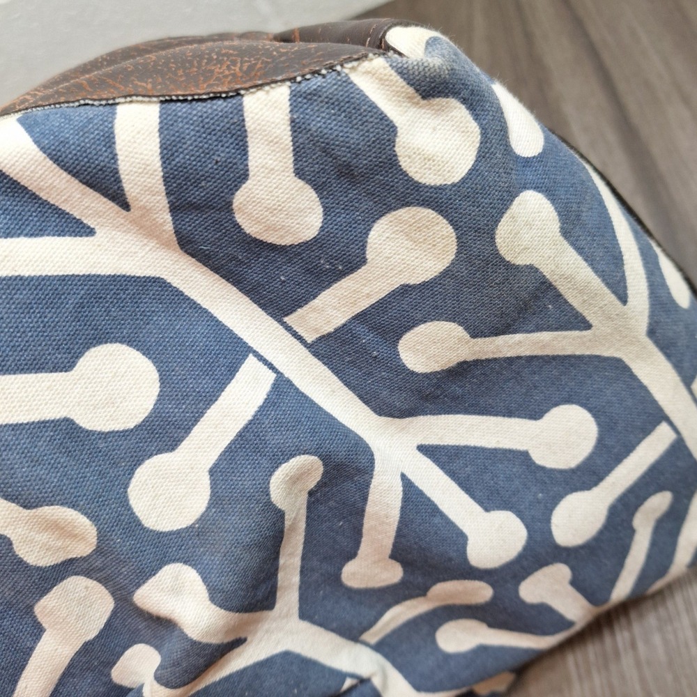 Rebekah Scott Designs Blue White Geometric Canvas Tote Bag Brown Faux Leather - Picture 6 of 9